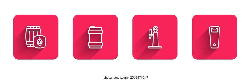 Set line Wooden barrel, Metal beer keg, Beer tap and Bottle opener with long shadow. Red square button. Vector