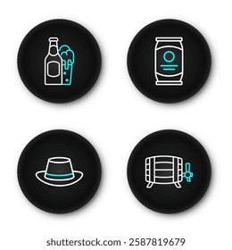 Set line Wooden barrel, Oktoberfest hat, Beer can and bottle and glass icon. Vector