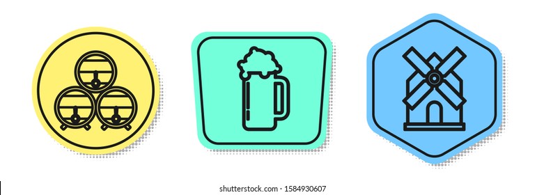Set line Wooden barrel on rack with stopcock, Glass of beer and Windmill. Colored shapes. Vector