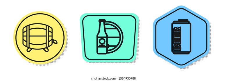 Set line Wooden barrel on rack with stopcock, Beer bottle and wooden barrel and Beer can. Colored shapes. Vector
