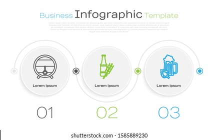 Set line Wooden barrel on rack with stopcock, Beer bottle and Glass of beer and hop. Business infographic template. Vector