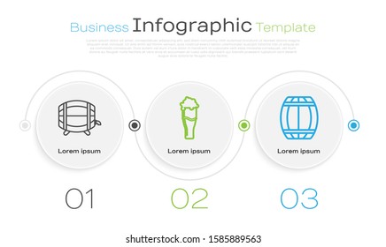 Set line Wooden barrel on rack with stopcock, Glass of beer and Wooden barrel. Business infographic template. Vector