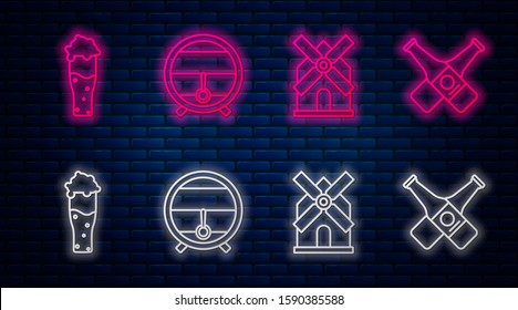 Set line Wooden barrel on rack with stopcock, Windmill, Glass of beer and Crossed beer bottle. Glowing neon icon on brick wall. Vector