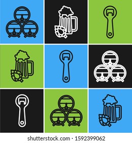 Set line Wooden barrel on rack with stopcock, Bottle opener and Glass of beer and hop icon. Vector