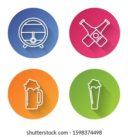 Set line Wooden barrel on rack with stopcock, Crossed beer bottle, Glass of beer and Glass of beer. Color circle button. Vector