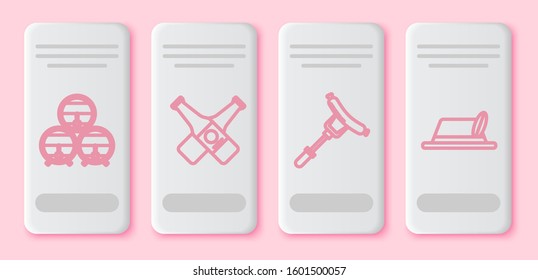 Set line Wooden barrel on rack with stopcock, Crossed beer bottle, Sausage on the fork and Oktoberfest hat. White rectangle button. Vector