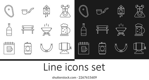 Set line Wooden barrel on rack, beer mug, Retro wall watch, Bench, Beer bottle, Steak meat, Barbecue grill and Smoking pipe icon. Vector