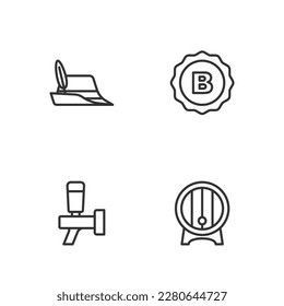 Set line Wooden barrel on rack, Beer tap, Oktoberfest hat and Bottle cap icon. Vector