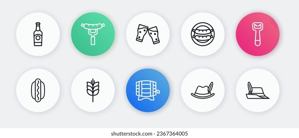 Set line Wooden barrel on rack, Bottle opener, Hotdog sandwich, Oktoberfest hat, Sausage, Glass of beer,  and Wheat icon. Vector