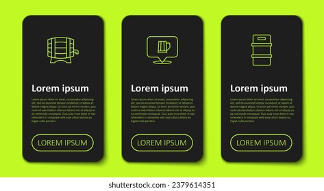 Set line Wooden barrel on rack, beer mug and Metal keg. Business infographic template. Vector