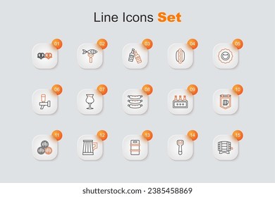 Set line Wooden barrel on rack, Bottle opener, Metal beer keg, mug, Street signboard with, Pack of bottles and Sausage icon. Vector