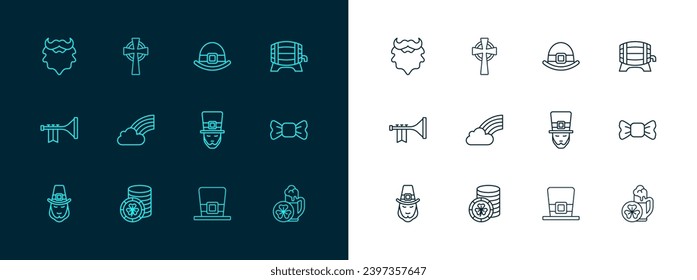 Set line Wooden barrel on rack, Golden leprechaun coin, Leprechaun, hat, Rainbow with cloud, Mustache and beard and Celtic cross icon. Vector