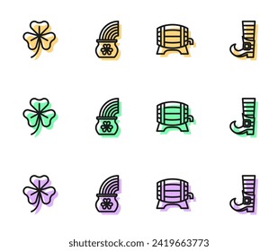Set line Wooden barrel on rack, Clover trefoil leaf, Pot of gold with rainbow and Leprechaun boot icon. Vector