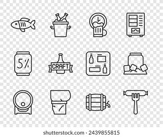 Set line Wooden barrel on rack, Sausage the fork, Happy hour, Beer belly, Dried fish, bottle,  and Cold beer can icon. Vector