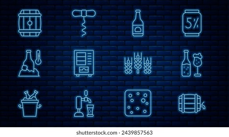 Línea de ajuste Barril de madera en el estante, botella de cerveza y vidrio, máquina expendedora, cerveza fría, trigo y vino sacacorchos icono. Vector