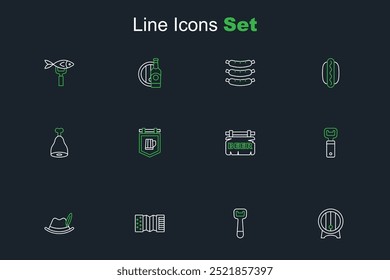 Set line Wooden barrel on rack, Bottle opener, Accordion, Oktoberfest hat, Street signboard with Beer, beer and Chicken leg icon. Vector