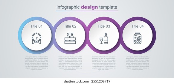 Set line Wooden barrel on rack, Pack of beer bottles, Wine with glass and Pickled cucumbers jar. Business infographic template. Vector