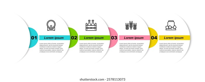 Set line Wooden barrel on rack, Pack of beer bottles, Wheat and Cold can. Business infographic template. Vector