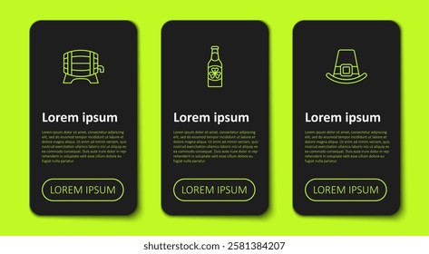 Set line Wooden barrel on rack, Beer bottle with clover and Leprechaun hat. Business infographic template. Vector