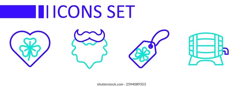 Set line Wooden barrel on rack, Clover trefoil leaf with tag, Mustache and beard and Heart clover icon. Vector