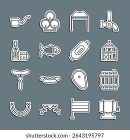 Set line Wooden barrel on rack, Farm House, Camping tent, Fish, Beer bottle and glass, Smoking pipe and Salami sausage icon. Vector