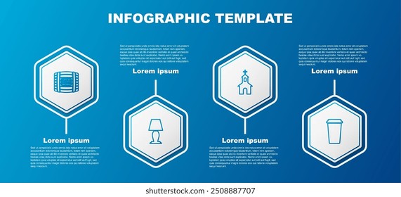 Set line Wooden barrel with rum, Table lamp, Church building and Coffee cup. Business infographic template. Vector