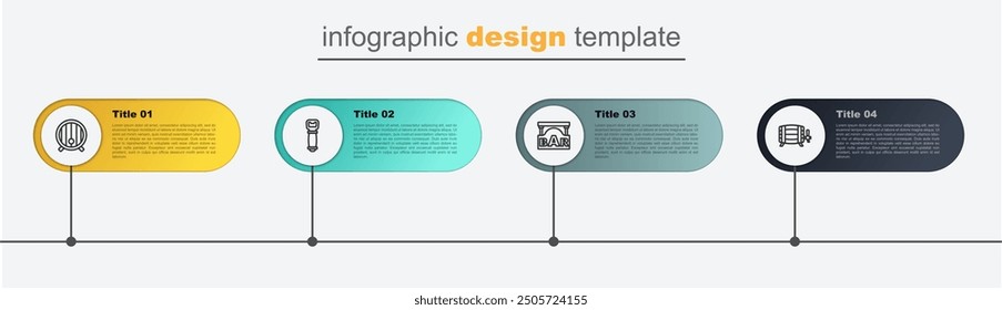 Set line Wooden barrel, Street signboard with Bar, Bottle opener and . Business infographic template. Vector