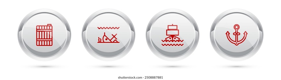 Set line Barril de madera, barco hundido, barco y ancla. Botón de círculo plateado. Vector