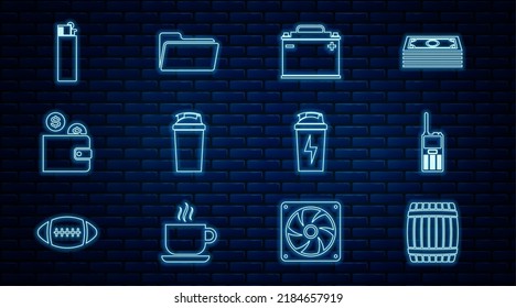 Set line Wooden barrel, Walkie talkie, Car battery, Fitness shaker, Wallet with coin, Lighter,  and Folder icon. Vector
