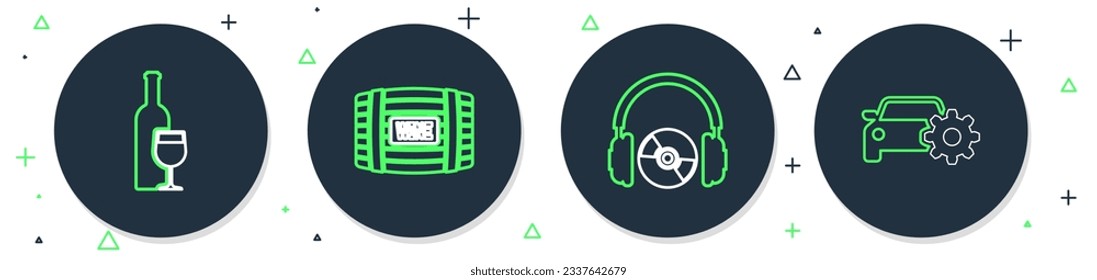 Set line Wooden barrel for wine, Headphones and CD DVD, Wine bottle with glass and Car service icon. Vector