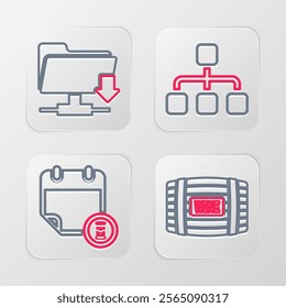 Set line Wooden barrel for wine, Calendar and clock, Hierarchy organogram chart and FTP folder download icon. Vector