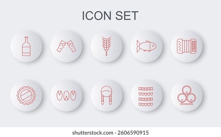 Set line Wooden barrels, Bottle cap, Wheat, Carnival garland with flags, Beer bottle, Glass of beer, Pistachio nuts and Braid icon. Vector