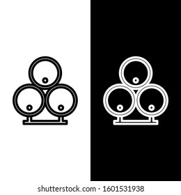 Set line Wooden barrels icon isolated on black and white background. Alcohol barrel, drink container, wooden keg for beer, whiskey, wine.  Vector Illustration