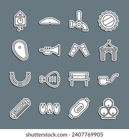 Set line Wooden barrels, Smoking pipe, Camping tent, Beer tap, Musical instrument trumpet, Steak meat, Retro wall watch and Glass of beer icon. Vector