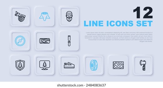 Set line Wooden beam, axe, log, Tree rings, Circular saw blade, Location of the forest, stump and plane tool icon. Vector