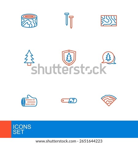 Set line Wooden beam, Chainsaw, log, Tree, Shield with tree,  and Metallic nails icon. Vector