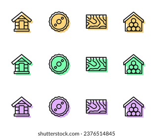 Set line Wooden beam, Dog house, Circular saw blade and logs icon. Vector
