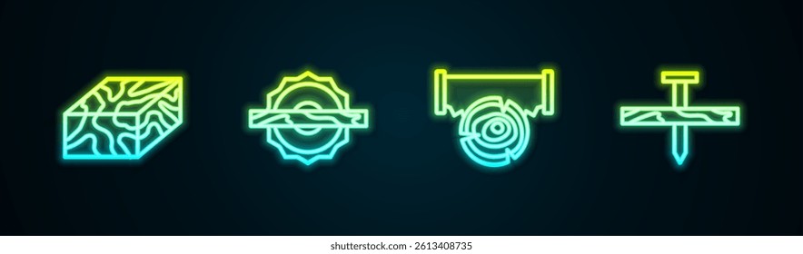 Set line Wooden beam, Electric circular saw, Two-handed and log and Metallic nail. Glowing neon icon. Vector