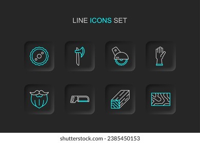 Set line Wooden beam, Hacksaw, Mustache and beard, Protective gloves, Electric circular, axe and Circular blade icon. Vector