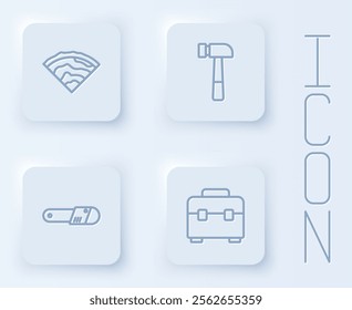 Set line Wooden beam, Hammer, Chainsaw and Toolbox. White square button. Vector