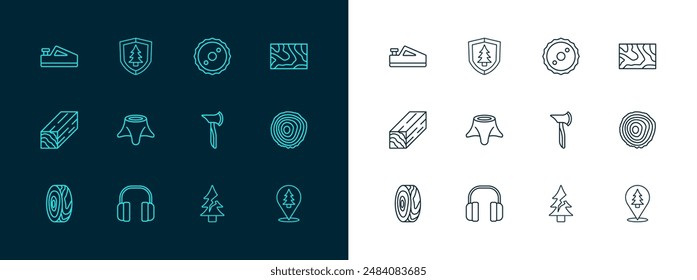 Set line Wooden beam, Headphones, axe, Tree, stump, Circular saw blade, plane tool and Shield with tree icon. Vector