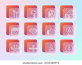 Set línea viga de madera, clavo metálico, tronco, árbol, anillos, clavos e icono de hacha. Vector