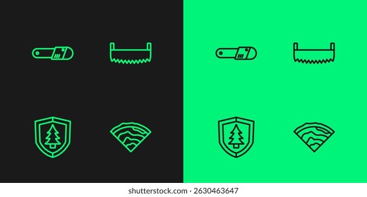 Set line Wooden beam, Shield with tree, Chainsaw and Two-handed icon. Vector