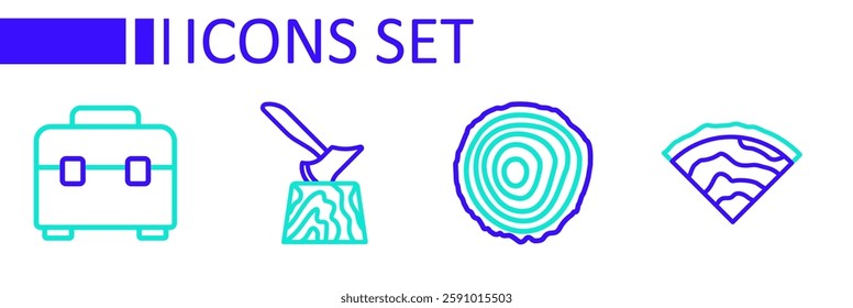 Set line Wooden beam, Tree rings, axe stump and Toolbox icon. Vector