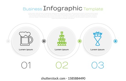 Set line Wooden beer mug , Wine glasses stacked in a pyramid tower  and Bouquet of flowers . Business infographic template. Vector