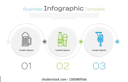 Set line Wooden beer mug, Beer bottle and glass and Musical instrument trumpet. Business infographic template. Vector