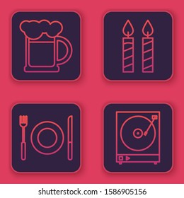 Set line Wooden beer mug , Plate, fork and knife , Birthday cake candles  and Vinyl player with a vinyl disk . Blue square button. Vector