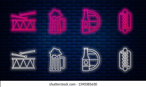 Set line Wooden beer mug, Beer bottle and wooden barrel, Musical instrument drum and drum sticks and Hotdog sandwich with mustard. Glowing neon icon on brick wall. Vector