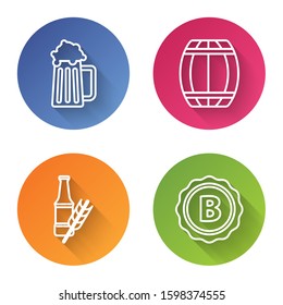 Set line Wooden beer mug, Wooden barrel, Beer bottle and Bottle cap with inscription beer. Color circle button. Vector