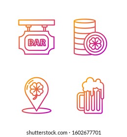 Set line Wooden beer mug, Location and four leaf clover, Street signboard with inscription Bar and Gold coin with four leaf clover. Gradient color icons. Vector